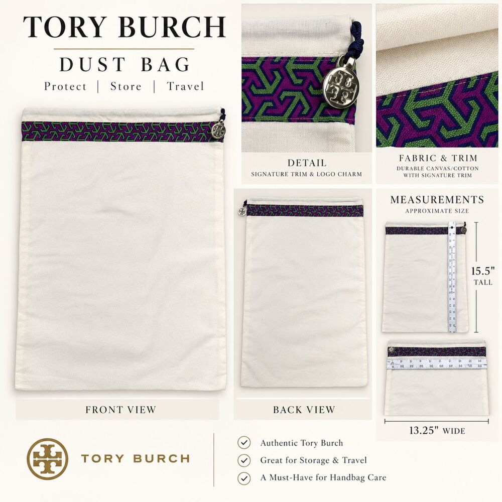 Tory Burch Large Dust Bag Cream Purple Green Logo Trim Drawstring 13.5x18
